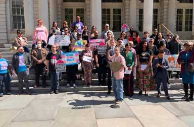 LGBTQIA+ Caucus Co-Chair Tiffany Cabán of Queens leads supporters of gender-affirming care at City Hall on April 24.