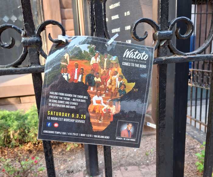 The Kingsboro Temple of Seventh-day Adventist placed two small flyers on the gates outside the temple and its office on 7th Street in Park Slope announcing that the Watoto Children’s Choir will perform at the temple on May 3.